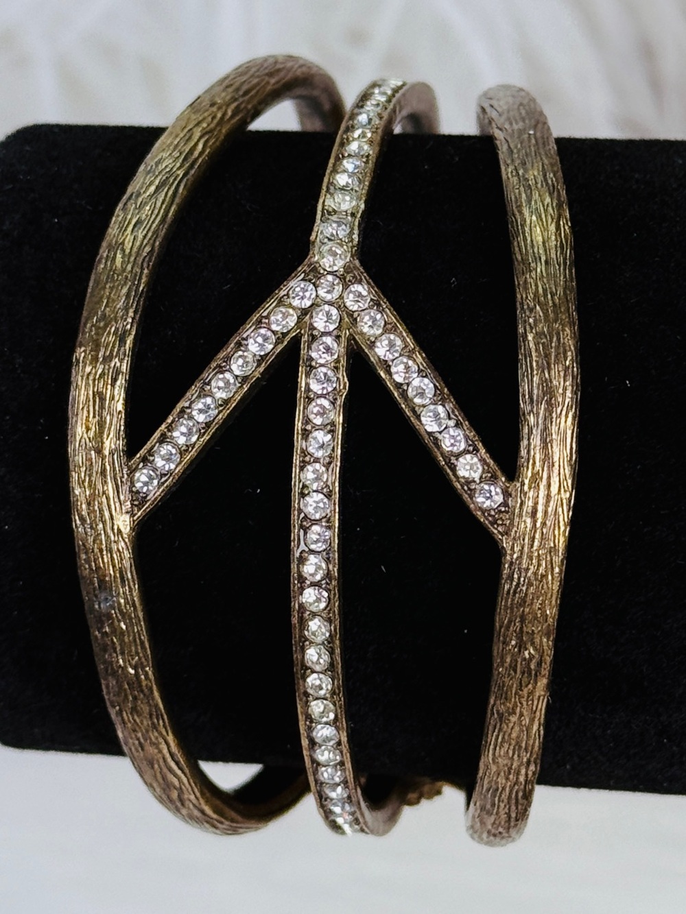Vintage Peace Sign Aged Gold Tone Rhinestone Open Cuff Bracelet Boho